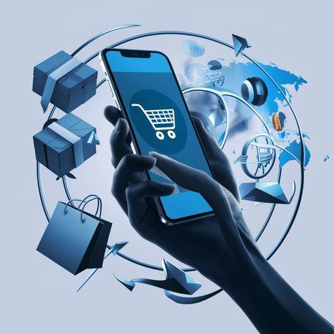 This may contain: a hand holding a smart phone in front of an image of shopping bags and boxes